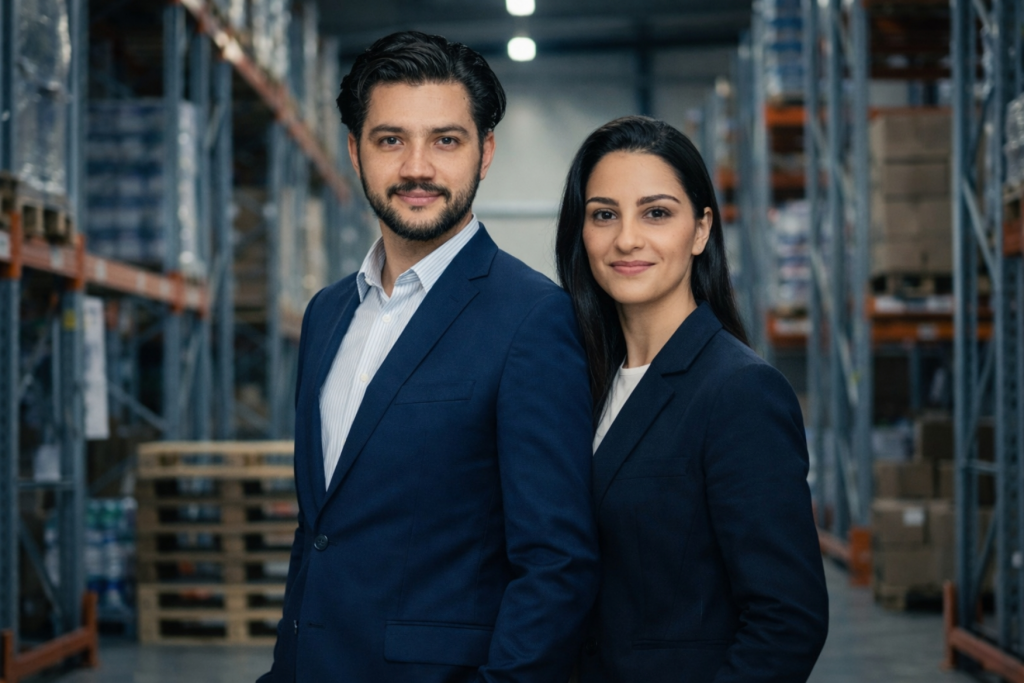 Porträt des Führungsteams von Baardo24 im industriellen Lagerumfeld