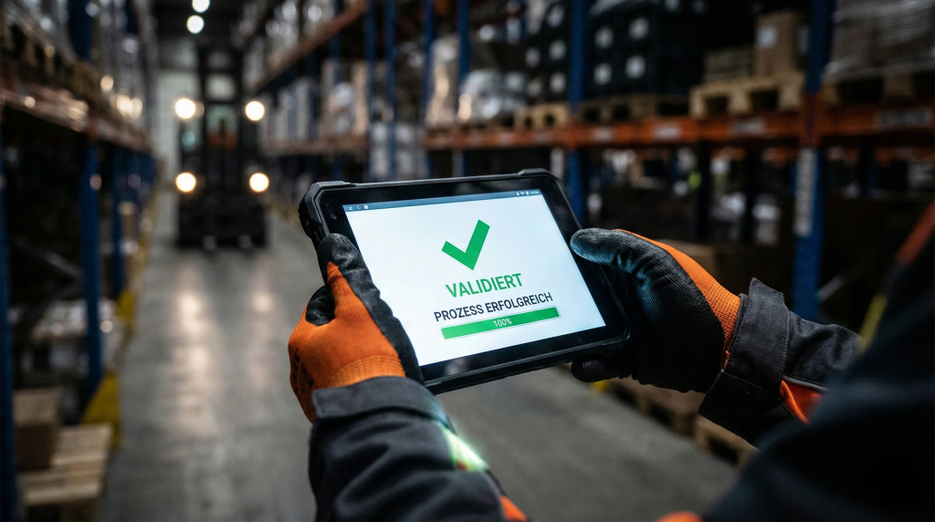 Arbeitshandschuhe halten ein industrielles Tablet mit Prozessstatus „Validiert“ – operative Validierung eines Pilotprojekts im Lagerumfeld