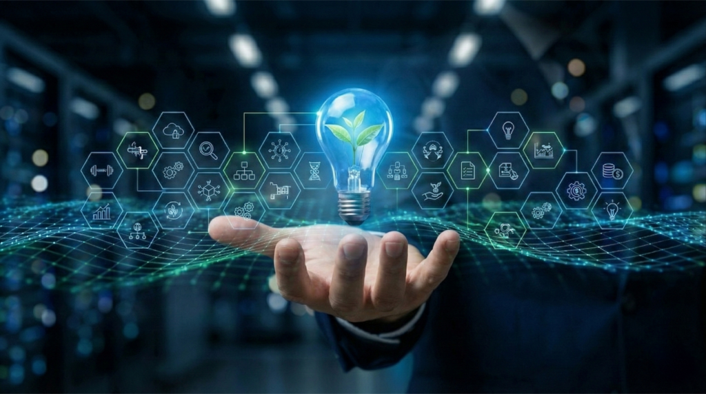 Hand hält Glühbirne mit Pflanze in digitalem Prozess-Netzwerk – Symbol für wachsende Prozess-Architektur und System-Design